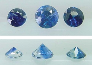 Photo courtesy HKD Diamond Laboratories Canada Colour banding on these sapphires is quite visible when viewed from the pavilion, but once they are turned over, the face-up appearance shows no sign of it.