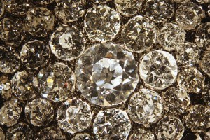 Photo courtesy Mark T. Cartwright The irregular outline and shallow make of these old-European brilliant diamonds become apparent at higher magnification.