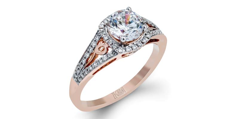 14-karat rose gold engagement ring by Zeghani by Simon, with round white diamonds (.23 ctw).