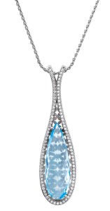 14-karat white gold pendant by Stuller, Inc., with sky-blue topaz and diamonds.