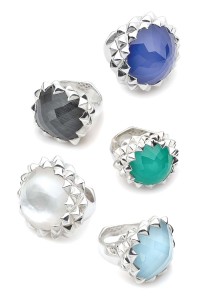 Silver rings by Stephen Webster, with assorted stones accented with mother-of-pearl and clear quartz.