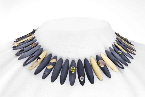 18-karat gold and oxidized silver necklace by Janis Kerman with gemstones. low N653-1