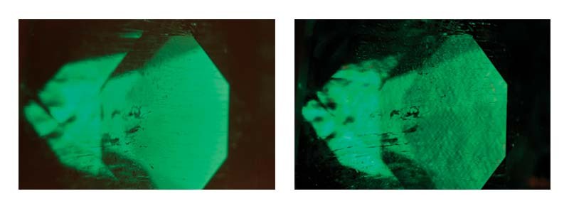 Photo courtesy Mark T. Cartwright The liquid inclusions in the emerald to the left make it appear natural; crossed polarizers reveal the telltale hydrothermal growth patterns of a synthetic.