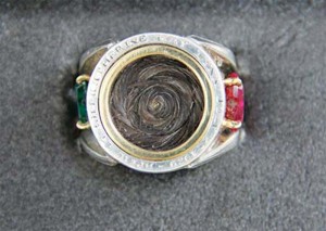 Photo courtesy Llyn L. Strelau Hair-work jewellery was quite popular during the Victorian era. Here, the author re-interprets it for a client whose request was to encase her mother's hair in a ring after she passed.