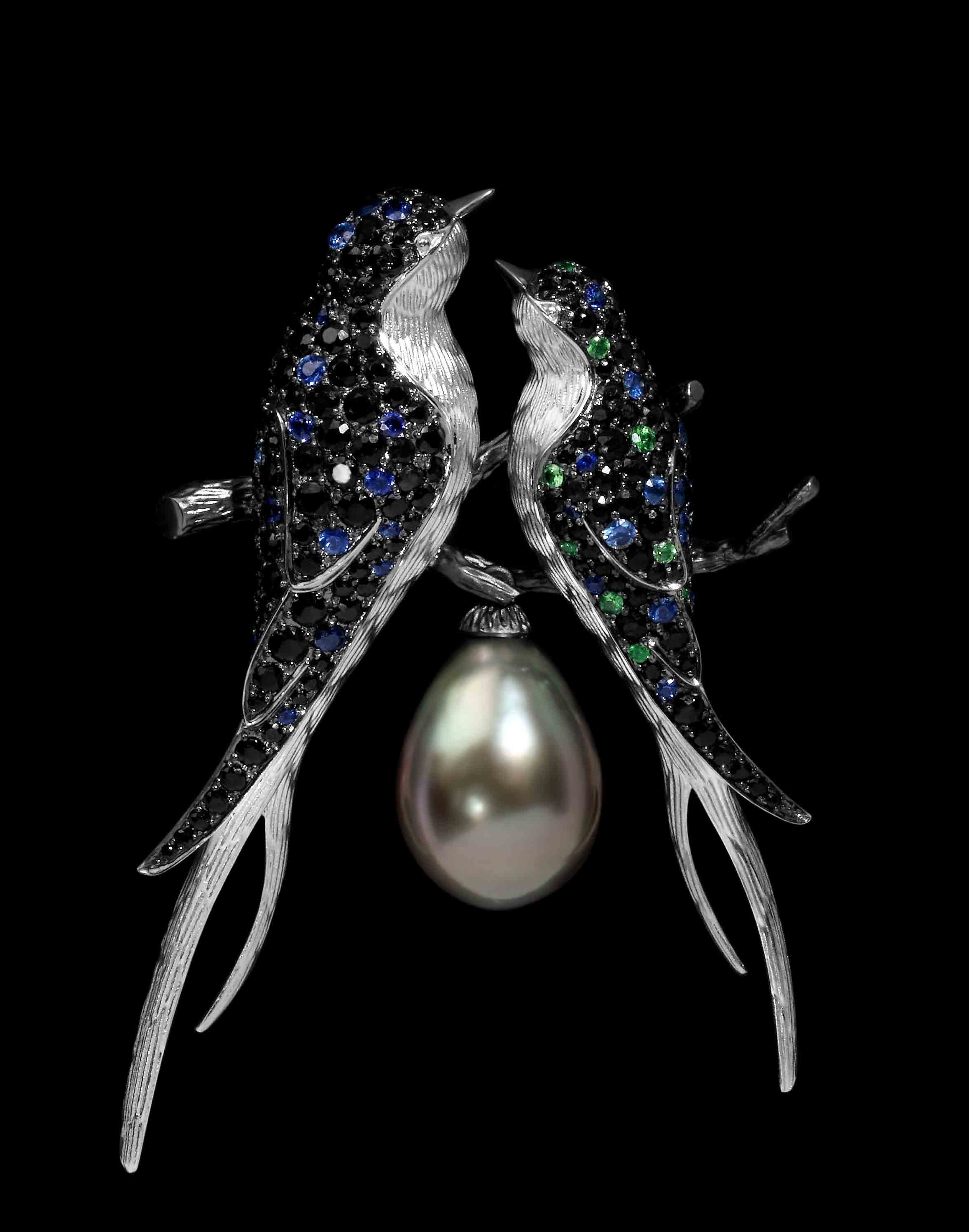 Nature-inspired bird pendant, featuring gold, diamonds, gemstones, and a pearl from Russia-based Mousson Atelier. WB-