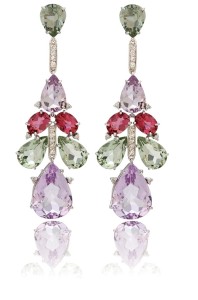18-karat gold earrings by Vianna Joias, with multicoloured gemstones and diamonds.