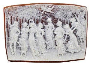 Photo courtesy Dupuis Fine Jewellery Auctioneers A 1970's unmounted cameo plaque carved after the painting 'Primavera' by Sandro Botticelli and signed by Nino Ammendola.