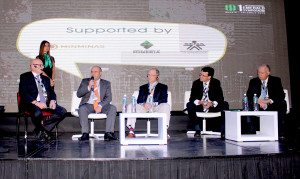  [Left to right] Jean Claude Michelou (moderator), Oscar Baquero (Fedesmeraldas), Gerry Manning (AGTA), Sean Gilbertson (Gemfields), and Charles Burgess (Muzo) at a discussion about theft and robberies in the mines.