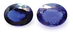 Photo courtesy CGL. Photo by Bryan Delos Reyes. 35-carat heated bluish-violet tanzanite (left) and 45-carat unheated violetish-blue tanzanite (right).
