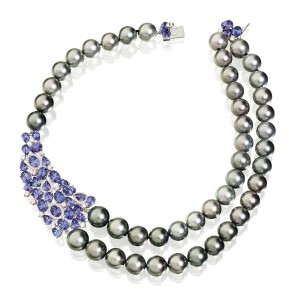 Photo courtesy Utopia-Gaia Tanzanite, diamond, and Tahitian pearl necklace in 18-karat white gold.
