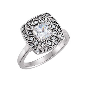 14-karat white gold semi-mount engagement ring by Stuller Inc., with 5.5-mm princess-cut centre.