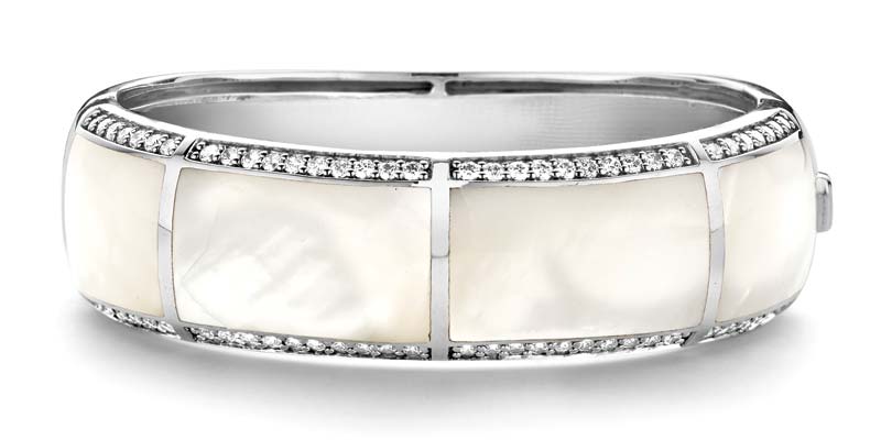 Rhodium-plated sterling silver bangle by Ti Sento with shell pearl and hand-set cubic zirconia.