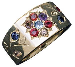 Photo courtesy Llyn L. Strelau bench tips This ring is one example of how to incorporate a family's birthstones. The centre stone symbolizes the grandmother, while the gems around it are for her children. The four grandkids' stones flank the central flower and decorate hand-engraved leaves and stems.