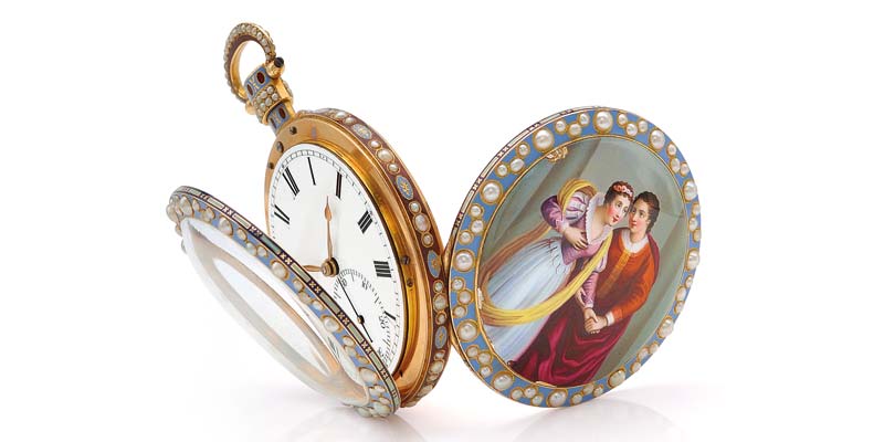 Photo courtesy Dupuis Fine Jewellery Auctioneers An antique pearl, enamel, and gold duplex pocket watch by Bovet, London, early 19th century.