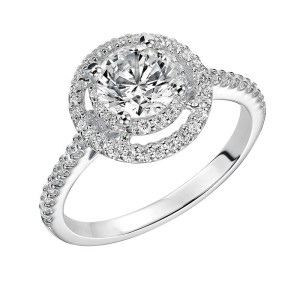 Round-cut diamond and platinum engagement ring by Goldman, with double halo diamond shank.