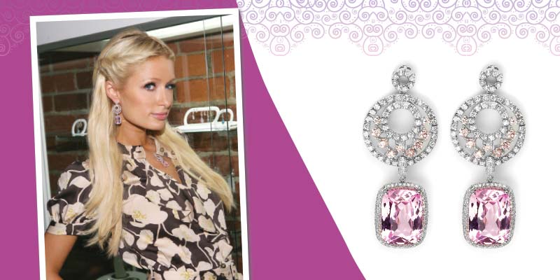 Photo courtesy Candy Ice Jewelry Paris Hilton wearing white gold 'Goddess Earrings' by Candy Ice Jewelry, with interchangeable pink topaz and diamond charms.