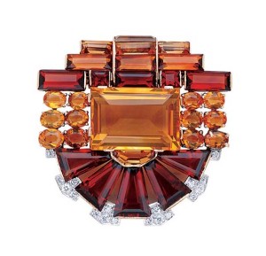 Photo courtesy Dupuis Fine Jewellery Auctioneers Retro citrine and diamond brooch in 14-karat gold, circa 1950.