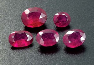 © GIA. Reprinted by permission. These stones ranging in size from 2.15 to 7.42 carats are typical of the final result achieved with the filling of fractures in rubies with high-lead-content glass.