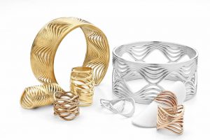 The ‘Wave’ collection by Burnaby, B.C., designer Kwabena Abeney took first place in the fashion/bridge jewellery collection category at the 2018 Saul Bell Design Award Competition. Photo courtesy Rio Grande
