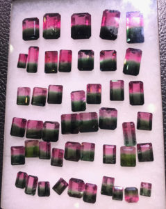 Watermelon tourmalines were appreciated at the show, and a selection was seen at Tavares Gems (Brazil).