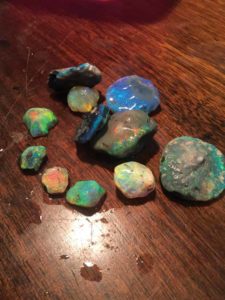Rough black opals from Lightning Ridge. These are put in water to bring out the colour play, which they would show once the opal is polished.