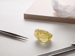 This 552-carat yellow diamond, discovered at the Diavik mine in October, beats the Foxfire Diamond’s previous record for largest diamond discovered in North America. Photo courtesy Dominion Diamond Mines