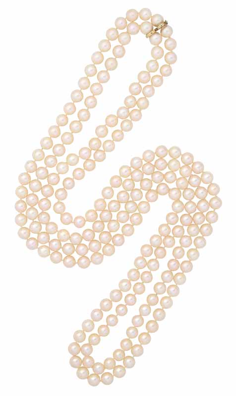 A pair of long cultured pearl necklaces by Secrett circa 1965.