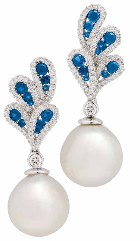 A pair of South Sea cultured pearl, sapphire, diamond, and white gold ear pendants.