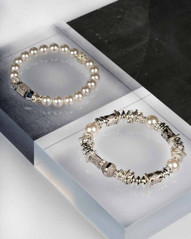 Photo courtesy Hillberg & Berk ‘Nyx’ stretch bracelet in sterling silver and Swarovski pearl and ‘Nola’ stretch bracelet in sterling silver, Swarovski pearl, and coated hematite by Hillberg & Berk.