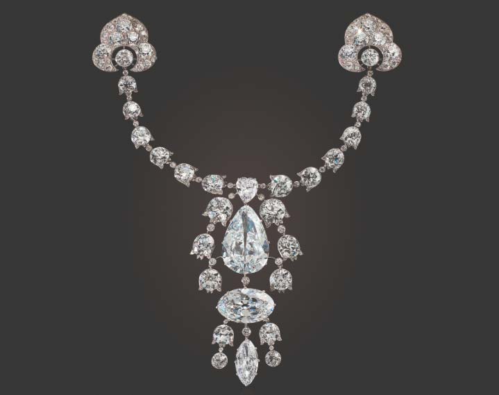 Photos courtesy Christie’s Cartier’s icy Belle Époque devant-de-corsage, circa 1912, sold for US$10,603,500 at Christie’s Maharajas & Mughal Magnificence auction.