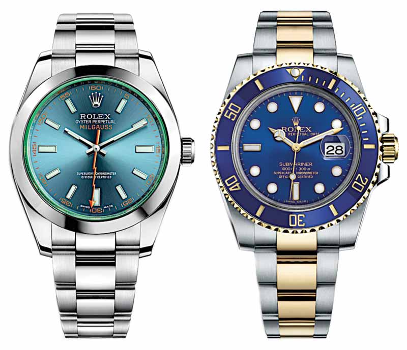 ‘Oyster Milgauss Blue’ by Rolex featuring green sapphire glass face and Oyster steel bracelet (right) and ‘Submariner Blue’ by Rolex featuring Oyster steel and 18-karat gold bracelet. Photos courtesy Rolex