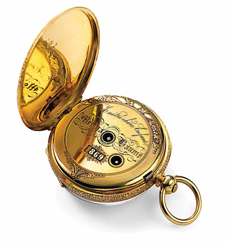Vintage Baume & Co. ‘Toubillon Chronometer’ pocket watch in 18-karat gold, circa 1869. Created as a gift for Melina Baume’s first communion. Photo courtesy Baume & Mercier London archives, Compagnie Financière Richemont SA