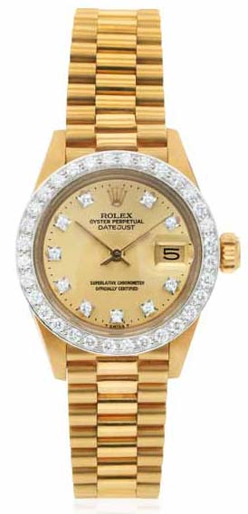 Ladies’ diamond and 18-karat gold ‘Oyster Perpetual Datejust’ wristwatch by Rolex, circa 1979. This piece features an automatic movement, diamond bezel, gilt dial with diamond dot numerals, sweep seconds, magnified date aperture, and Rolex President bracelet with déployant clasp. Photo courtesy Dupuis Fine Jewellery Auctioneers