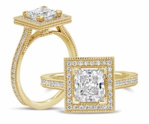 14-karat yellow gold square halo ring by Aurick Jewelers, photographed with a 1-carat princess-cut centre stone. Shank and halo adorned with 62 round 1-mm diamonds.