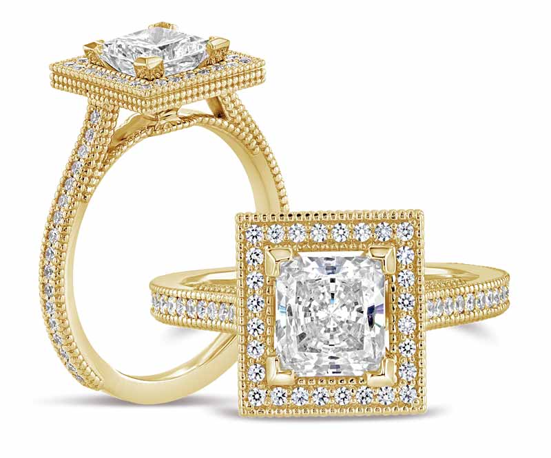 14-karat yellow gold square halo ring by Aurick Jewelers, photographed with a 1-carat princess-cut centre stone. Shank and halo adorned with 62 round 1-mm diamonds.