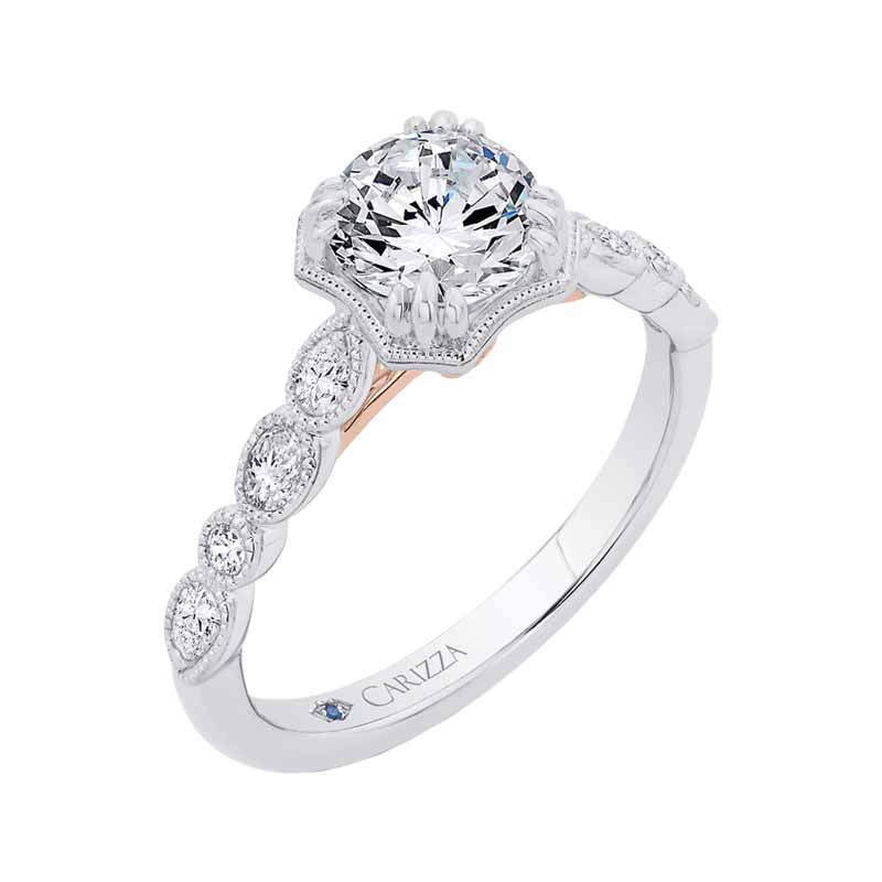 Semi-mount 14-karat two-tone gold engagement ring from Empress Luxury’s Carizza bridal line, set with 0.27 carats of diamonds.