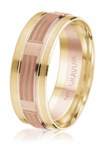 Rose and yellow gold wedding band from the ‘Iconic’ collection by Gravure Commitment/Atlantic Engraving.