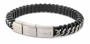 Stainless steel curb link black leather twisted design bracelet from Italgem Steel.