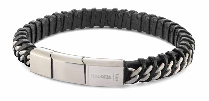 Stainless steel curb link black leather twisted design bracelet from Italgem Steel.