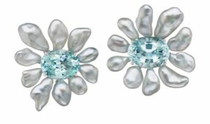 Flower earrings by Assael with keshi pearls and 16.5-carat aquamarine stones, set in 18-karat white gold. Featured at this year’s Couture show.