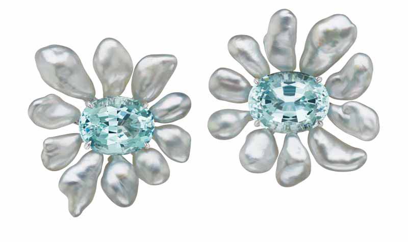 Flower earrings by Assael with keshi pearls and 16.5-carat aquamarine stones, set in 18-karat white gold. Featured at this year’s Couture show.