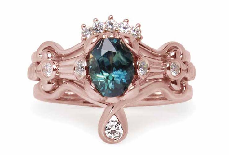 18-karat rose gold three-piece stackable rings from the ‘VIVE Fairytale’ collection by K8 Jewelry Concepts Bijoux, featuring Australian greenish-blue sapphire and VS melée diamonds.
