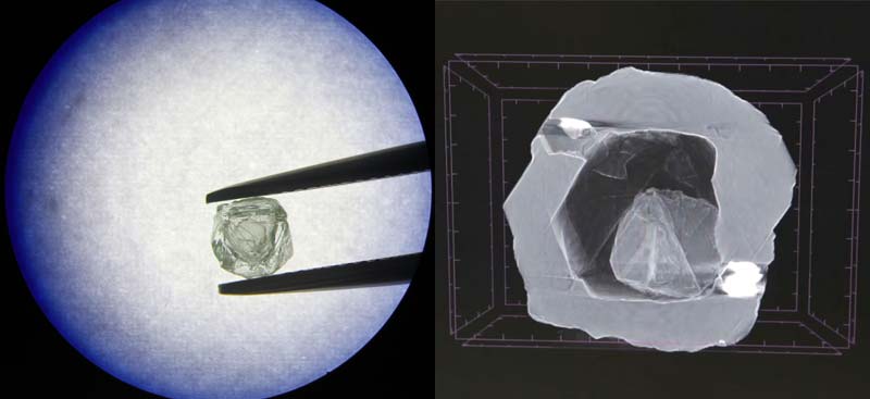 Photo courtesy Alrosa Alrosa’s matryoshka diamond discovery weighs just 0.62 carats. On the right is an X-ray image of the stone.