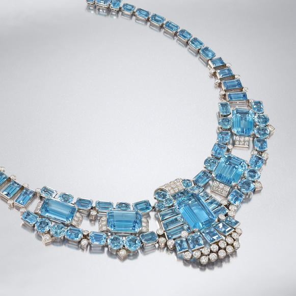 Photos courtesy Bonhams An art deco aquamarine and diamond necklace by Cartier (circa 1940) is expected to fetch £100,000 to 150,000 (C$170,000 to $260,000) at Bonhams London Jewels.