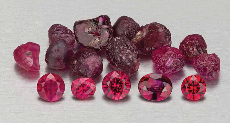 Untreated rough and faceted Montana ruby from Earth’s Treasury and Potentate Mining. Photo ©Jeff Hapeman