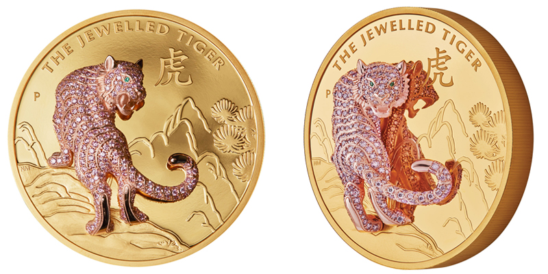 Photos courtesy the Perth Mint The Perth Mint’s Jewelled Tiger coin features fancy vivid intense pink diamonds (3.0 ctw), unearthed from Rio Tinto’s Argyle mine.