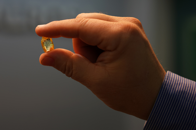The stone is the first rough diamond with bright colour to be found at the Verkhne-Munskoye deposit.