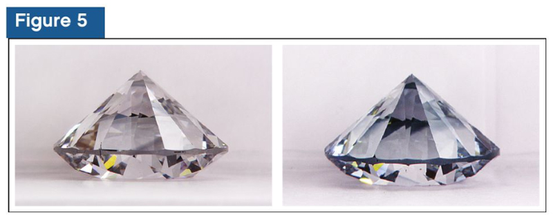 Here we see a ‘before’ (left) and ‘after’ (right) image of a CVD diamond changing from near colourless to a bluish colouration after being subjected to higher-energy UV light in the DiamondView instrument. From a scientific (albeit simplified) viewpoint, the colour change observed is known as photochroism. This is a reversible transformation of a material’s colour due to exposure to electromagnetic rays, such as UV. During this photochromic effect, basically, we have the electrons in defects within a CVD diamond being exposed to additional energy from a source as the UV. This causes the energy state to change, which, in turn, affects the way colour is absorbed from the visible spectrum. The increased absorption in the red region of the visible spectrum causes the blue to be seen.