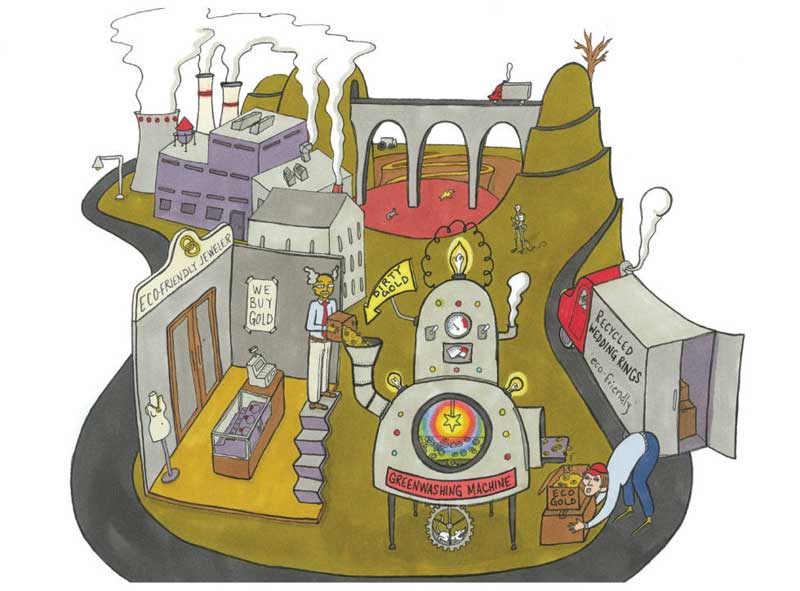 Recycled gold is sometimes simply dirty gold that has gone through a refinery and been rebranded as ‘eco-friendly.’ Illustration by Allyssa Barstow (alyssathefriend.com)/courtesy Marc Choyt Reflective Jewelry