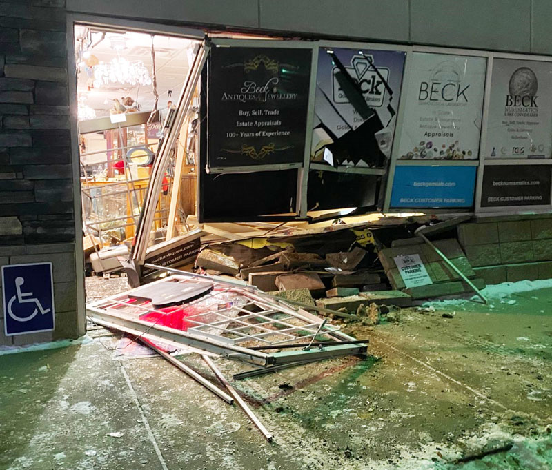 On Nov. 23, a black pick-up truck rammed into Edmonton’s Beck Antiques & Jewellery, causing $25,000 to $50,000 worth of damage. Photos courtesy Beck Antiques & Jewellery